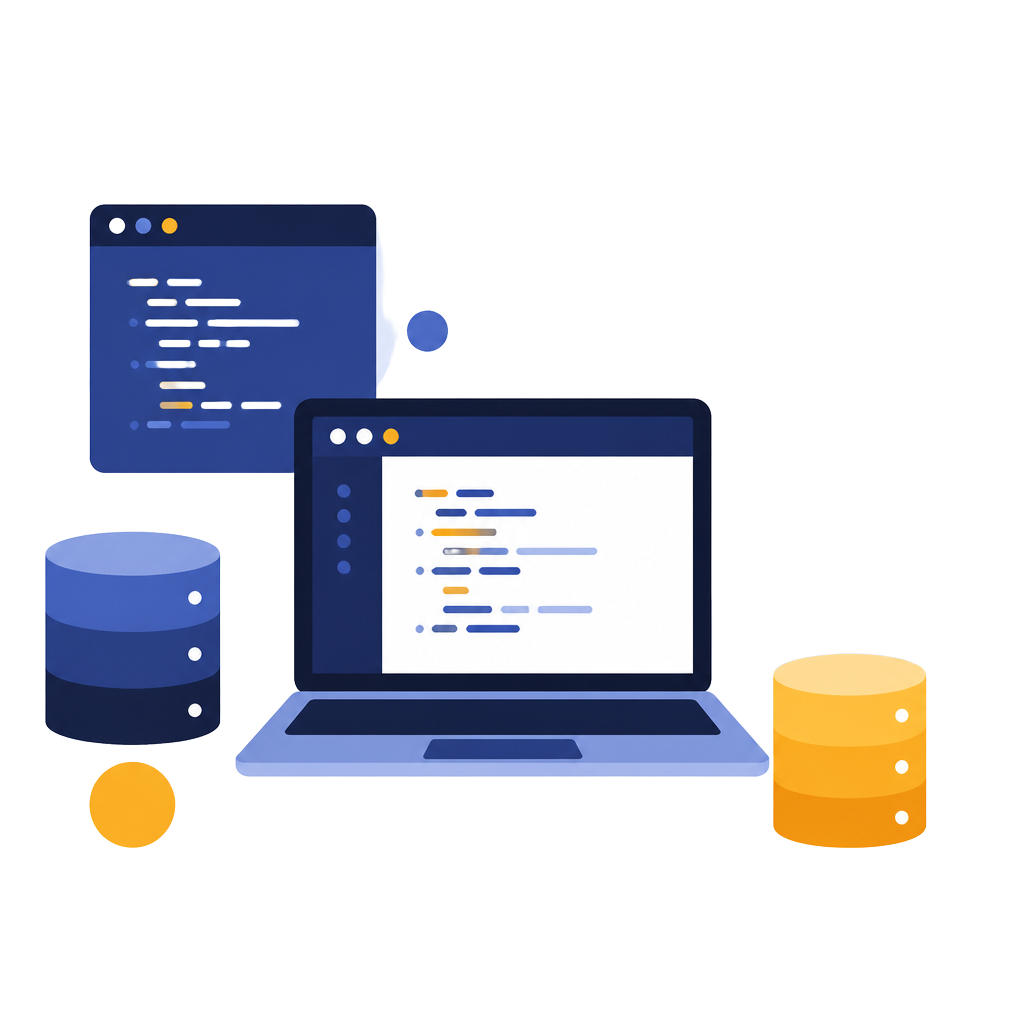 Illustration of code editors and databases representing data engineering work